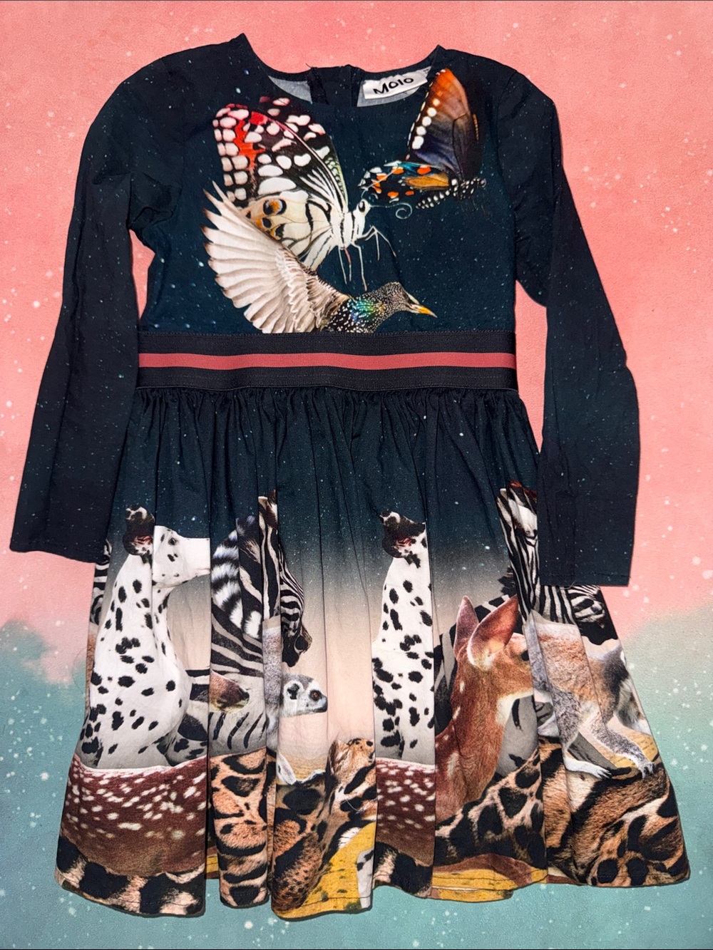 Molo Navy Dress with Colorful Animal & Butterfly Print girls 3 4 98 104 organic